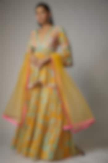 Yellow Georgette Printed Sharara Set by Dinesh Malkani