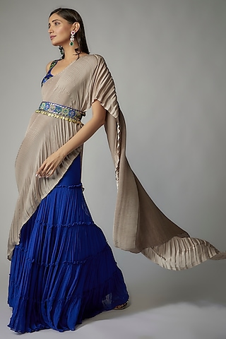 Blue Georgette Pant Saree Set by Dinesh Malkani
