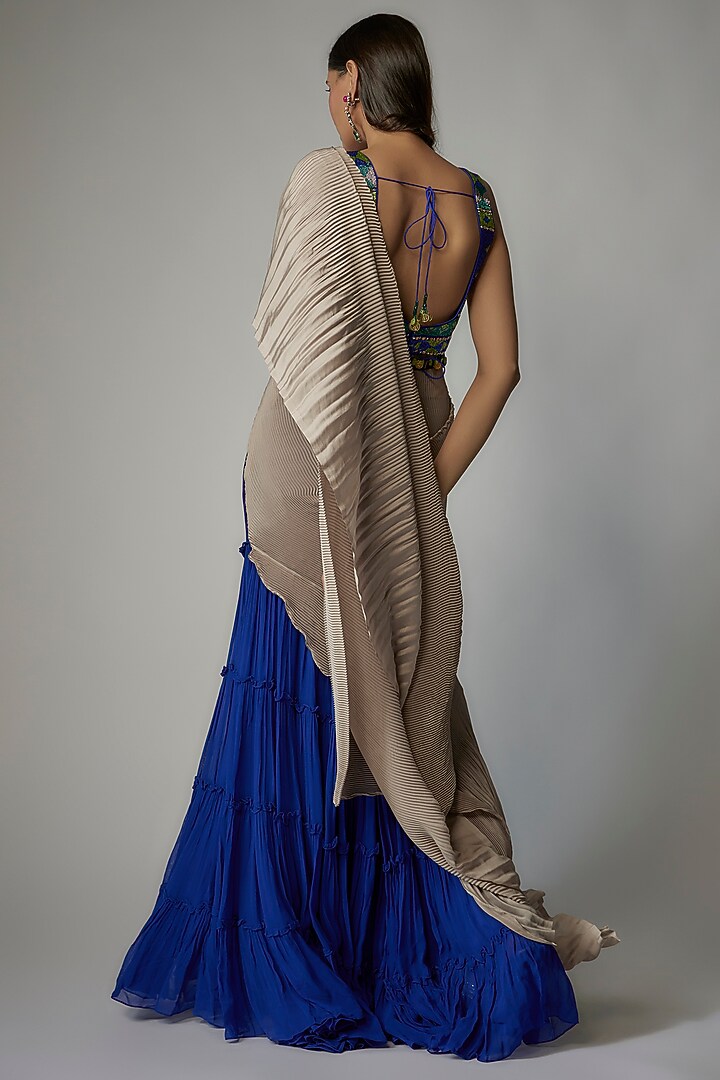 Blue Georgette Pant Wedding Saree Set by Dinesh Malkani at Pernia's Pop Up Shop