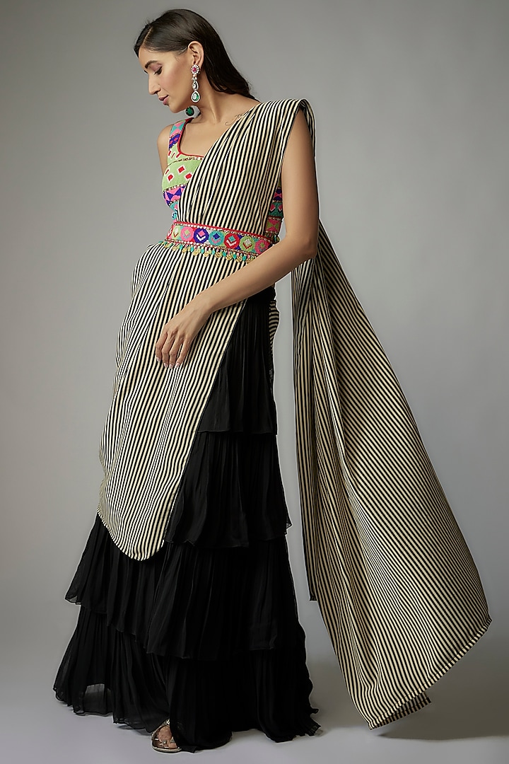 Black Georgette Skirt Saree Set by Dinesh Malkani