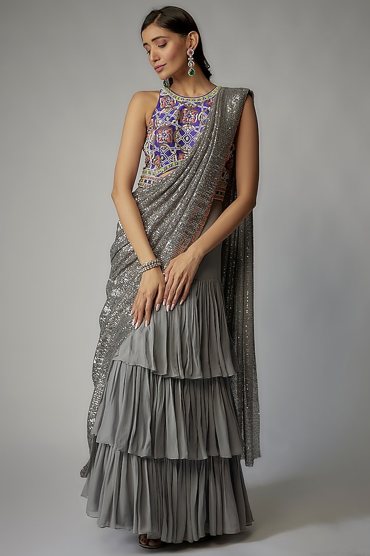 Grey Georgette Draped Gown Saree by Dinesh Malkani