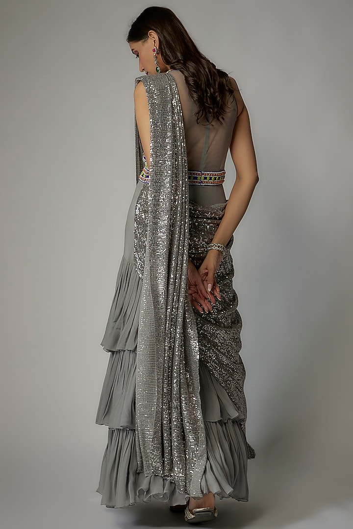 Grey Georgette Draped Wedding Gown Saree by Dinesh Malkani at Pernia's Pop Up Shop