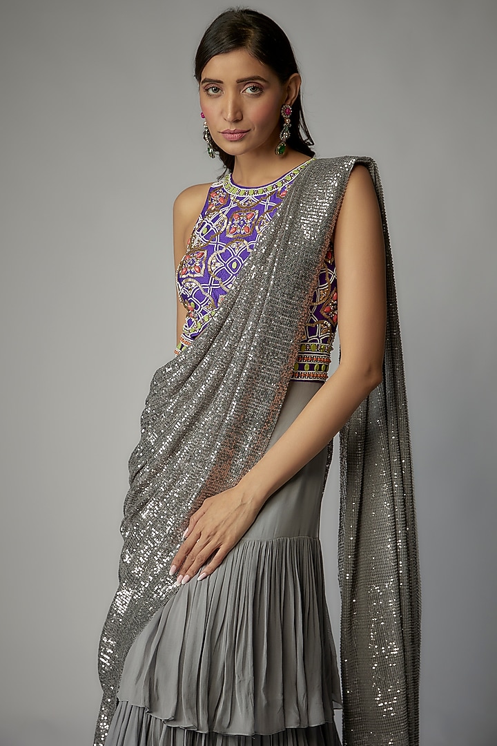 Grey Georgette Draped Wedding Gown Saree by Dinesh Malkani at Pernia's Pop Up Shop