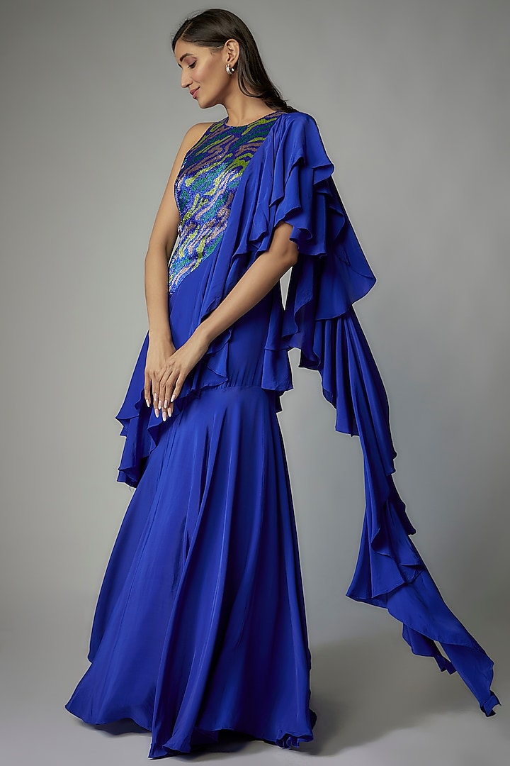 Blue Crepe Embroidered Gown Saree by Dinesh Malkani