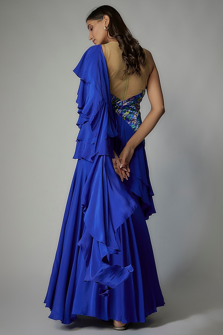 Blue Crepe Embroidered Wedding Gown Saree by Dinesh Malkani at Pernia's Pop Up Shop