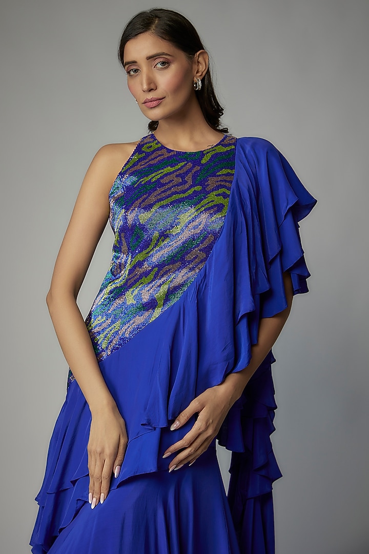 Blue Crepe Embroidered Wedding Gown Saree by Dinesh Malkani at Pernia's Pop Up Shop
