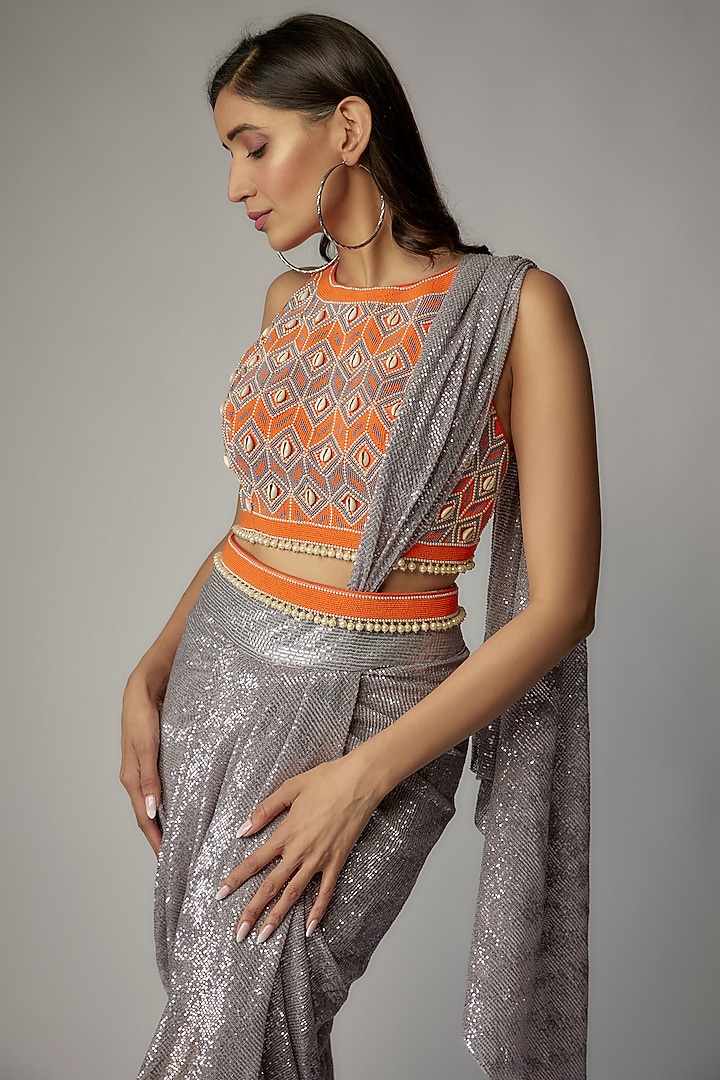 Grey Sequins Skirt Wedding Saree Set by Dinesh Malkani at Pernia's Pop Up Shop