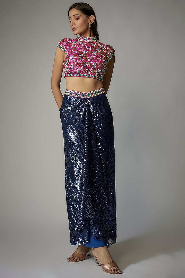 Purple Sequins Net Skirt Saree Set by Dinesh Malkani