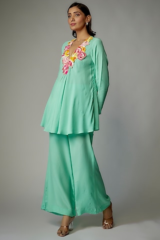 Sea Green Crepe Kurta Set by Dinesh Malkani