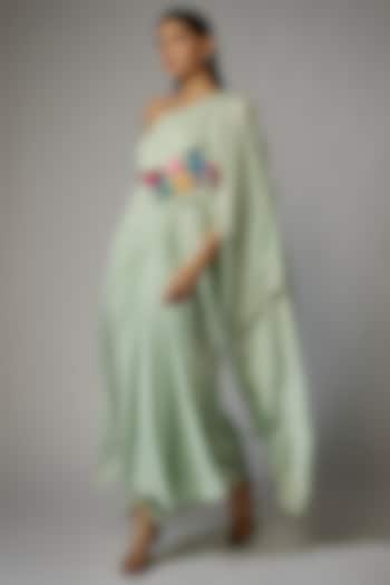 Mint Green Crepe One-Shoulder Draped Dress by Dinesh Malkani
