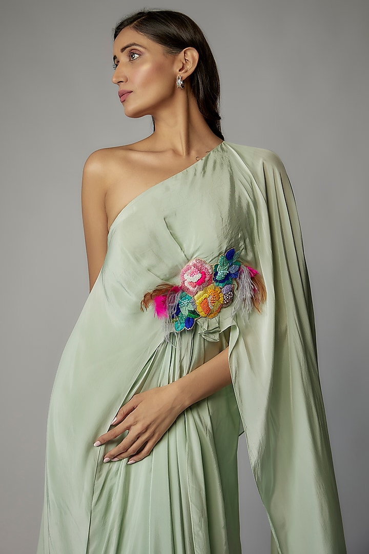 Mint Green Crepe One-Shoulder Draped Cocktail Dress by Dinesh Malkani at Pernia's Pop Up Shop