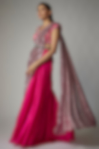 Pink Georgette Skirt Saree Set by Dinesh Malkani