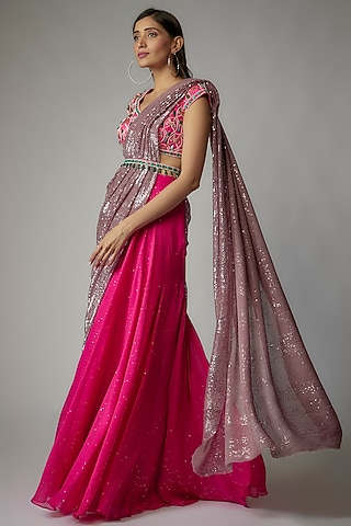 Pink Georgette Skirt Saree Set by Dinesh Malkani
