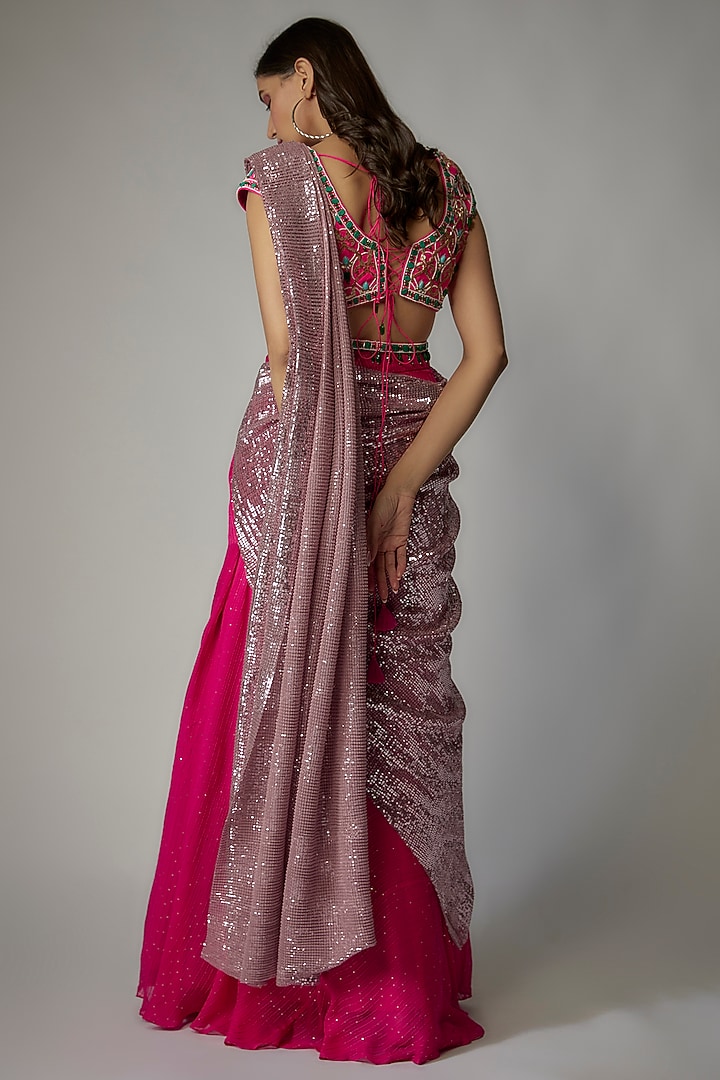 Pink Georgette Skirt Wedding Saree Set by Dinesh Malkani at Pernia's Pop Up Shop