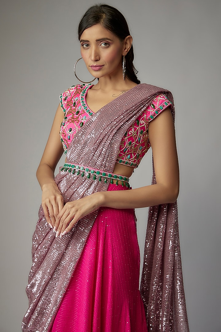 Pink Georgette Skirt Wedding Saree Set by Dinesh Malkani at Pernia's Pop Up Shop