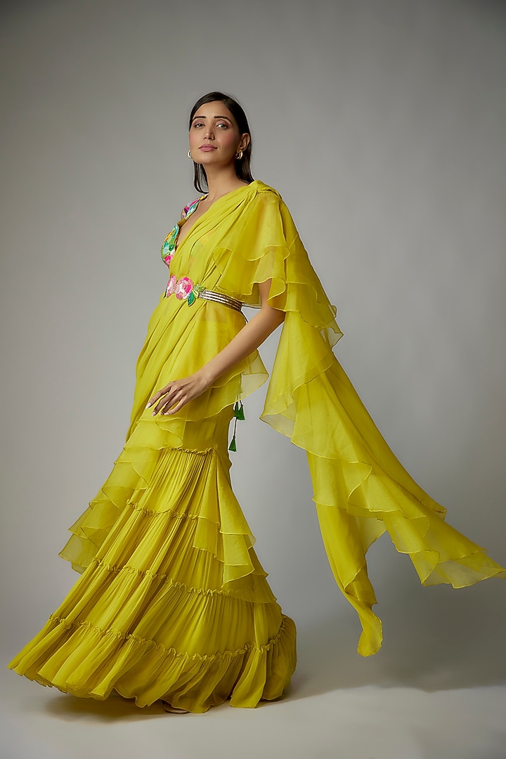 Yellow Georgette Layered Ruched Pant Wedding Saree Set by Dinesh Malkani at Pernia's Pop Up Shop
