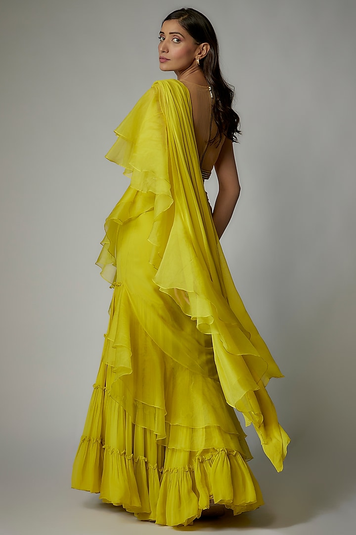 Yellow Georgette Layered Ruched Pant Wedding Saree Set by Dinesh Malkani at Pernia's Pop Up Shop