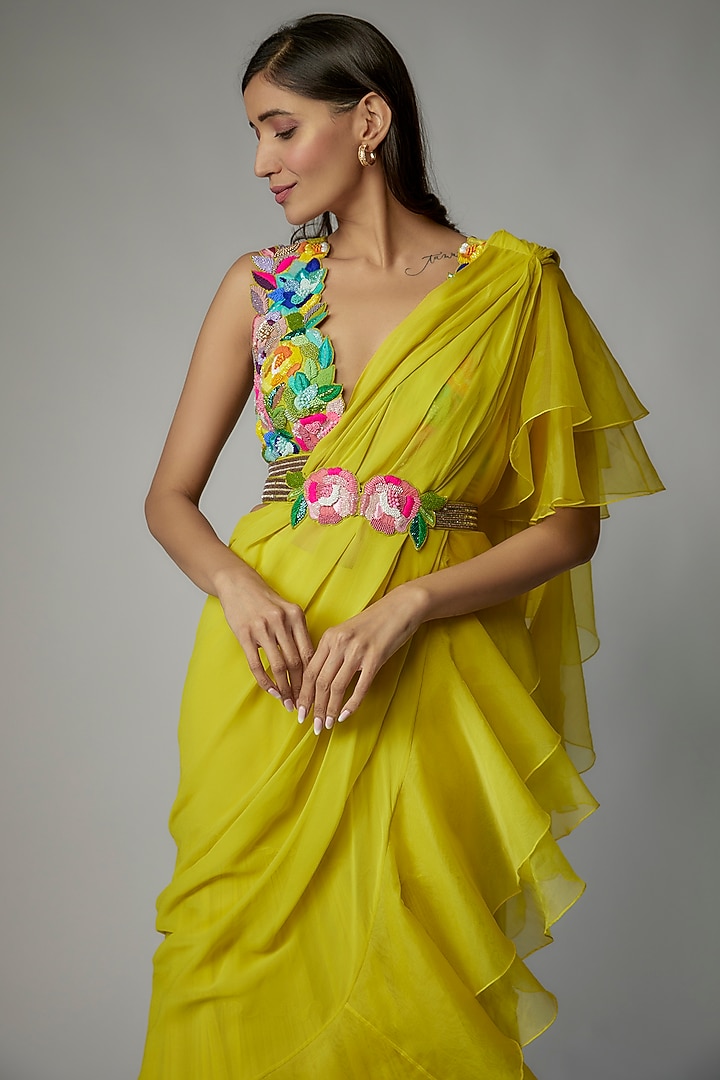 Yellow Georgette Layered Ruched Pant Wedding Saree Set by Dinesh Malkani at Pernia's Pop Up Shop