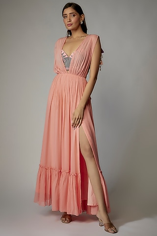 Peach Georgette Dress by Dinesh Malkani