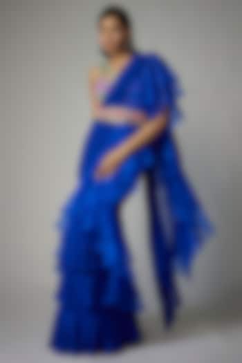 Electric Blue Georgette Skirt Saree Set by Dinesh Malkani