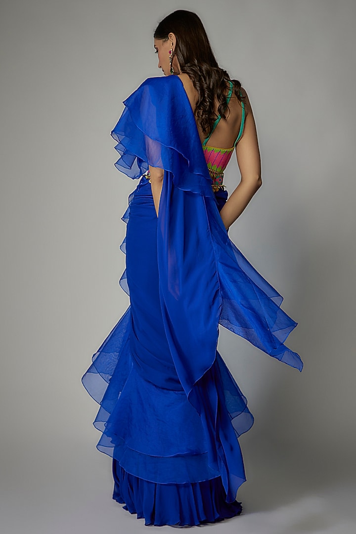 Electric Blue Georgette Skirt Wedding Saree Set by Dinesh Malkani at Pernia's Pop Up Shop