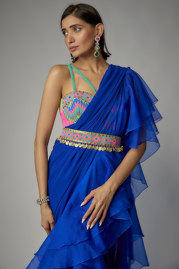 Electric Blue Georgette Skirt Wedding Saree Set by Dinesh Malkani at Pernia's Pop Up Shop
