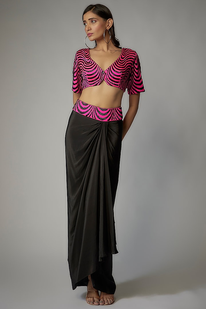 Black Crepe Draped Skirt Set by Dinesh Malkani