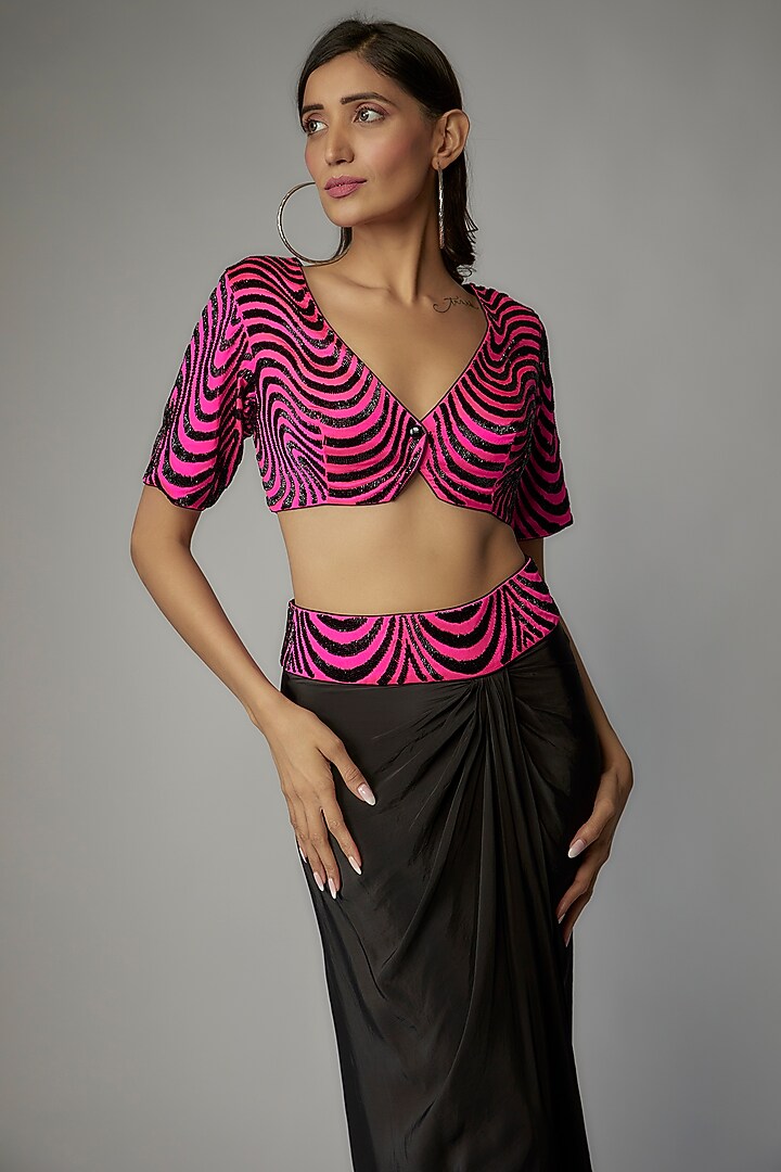Black Crepe Draped Skirt Set by Dinesh Malkani at Pernia's Pop Up Shop