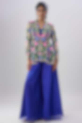 Blue Viscose Organza Hand Embroidered Wedding Sharara Set by Dinesh Malkani at Pernia's Pop Up Shop