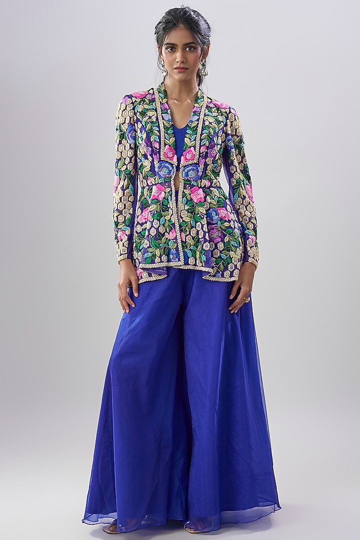 Blue Viscose Organza Hand Embroidered Wedding Sharara Set by Dinesh Malkani at Pernia's Pop Up Shop