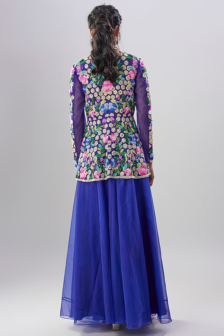 Blue Viscose Organza Hand Embroidered Wedding Sharara Set by Dinesh Malkani at Pernia's Pop Up Shop