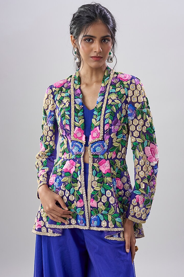 Blue Viscose Organza Hand Embroidered Wedding Sharara Set by Dinesh Malkani at Pernia's Pop Up Shop