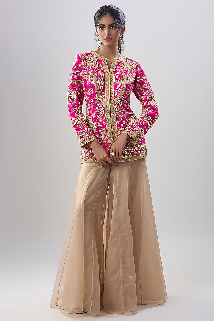 Gold Viscose Organza Hand Embroidered Wedding Sharara Set by Dinesh Malkani at Pernia's Pop Up Shop