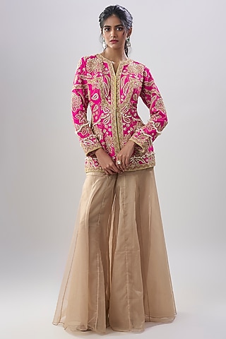 Gold Viscose Organza Hand Embroidered Sharara Set by Dinesh Malkani