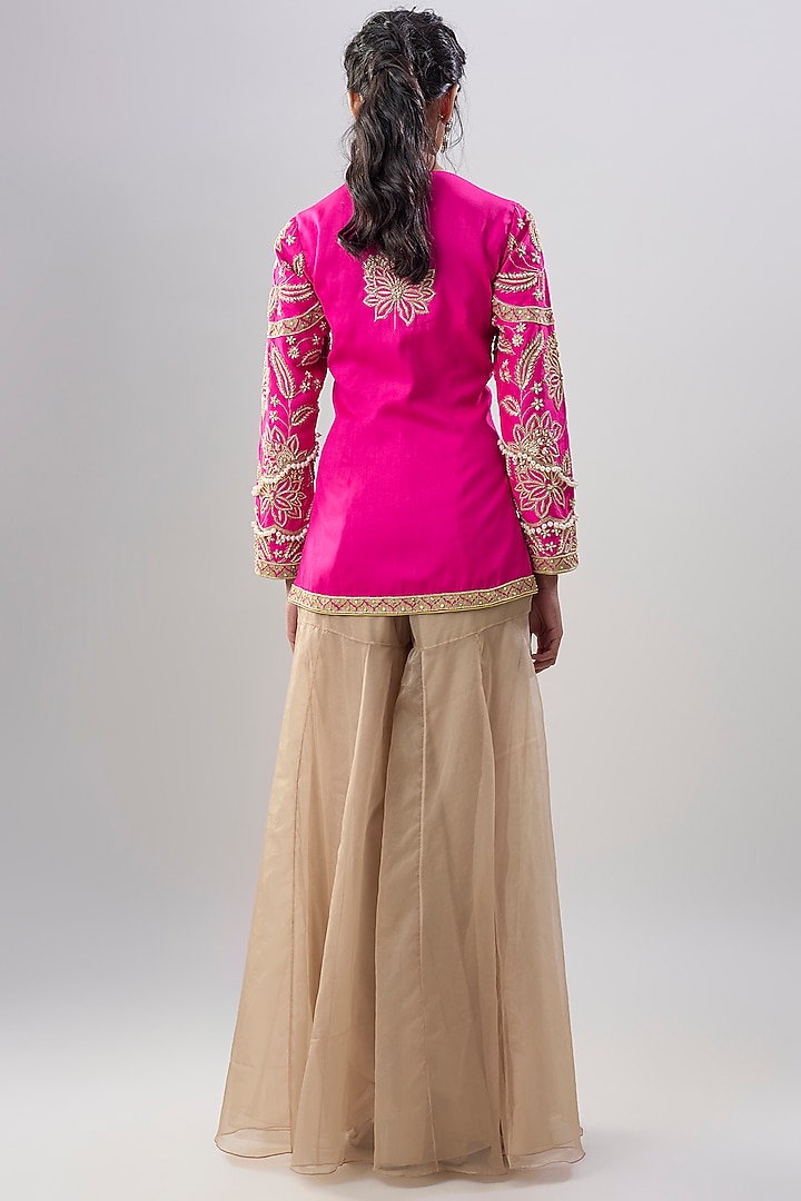 Gold Viscose Organza Hand Embroidered Wedding Sharara Set by Dinesh Malkani at Pernia's Pop Up Shop