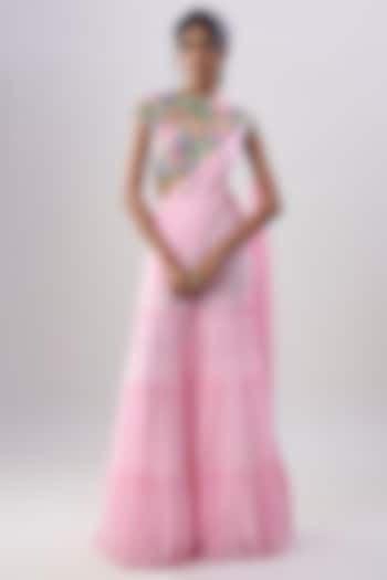 Pink Viscose Georgette Hand Embroidered Sharara Wedding Saree Set by Dinesh Malkani at Pernia's Pop Up Shop