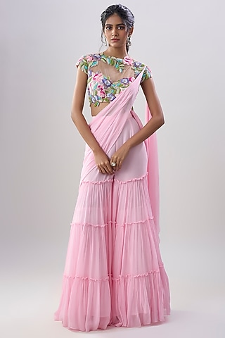 Pink Viscose Georgette Hand Embroidered Sharara Saree Set by Dinesh Malkani