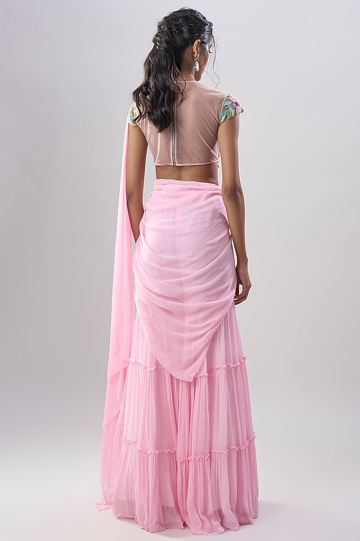 Pink Viscose Georgette Hand Embroidered Sharara Wedding Saree Set by Dinesh Malkani at Pernia's Pop Up Shop