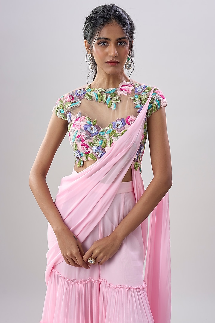 Pink Viscose Georgette Hand Embroidered Sharara Wedding Saree Set by Dinesh Malkani at Pernia's Pop Up Shop