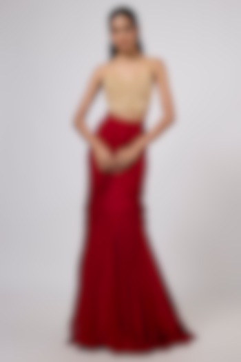 Red Viscose Georgette Hand Embroidered Draped Skirt Set by Dinesh Malkani at Pernia's Pop Up Shop