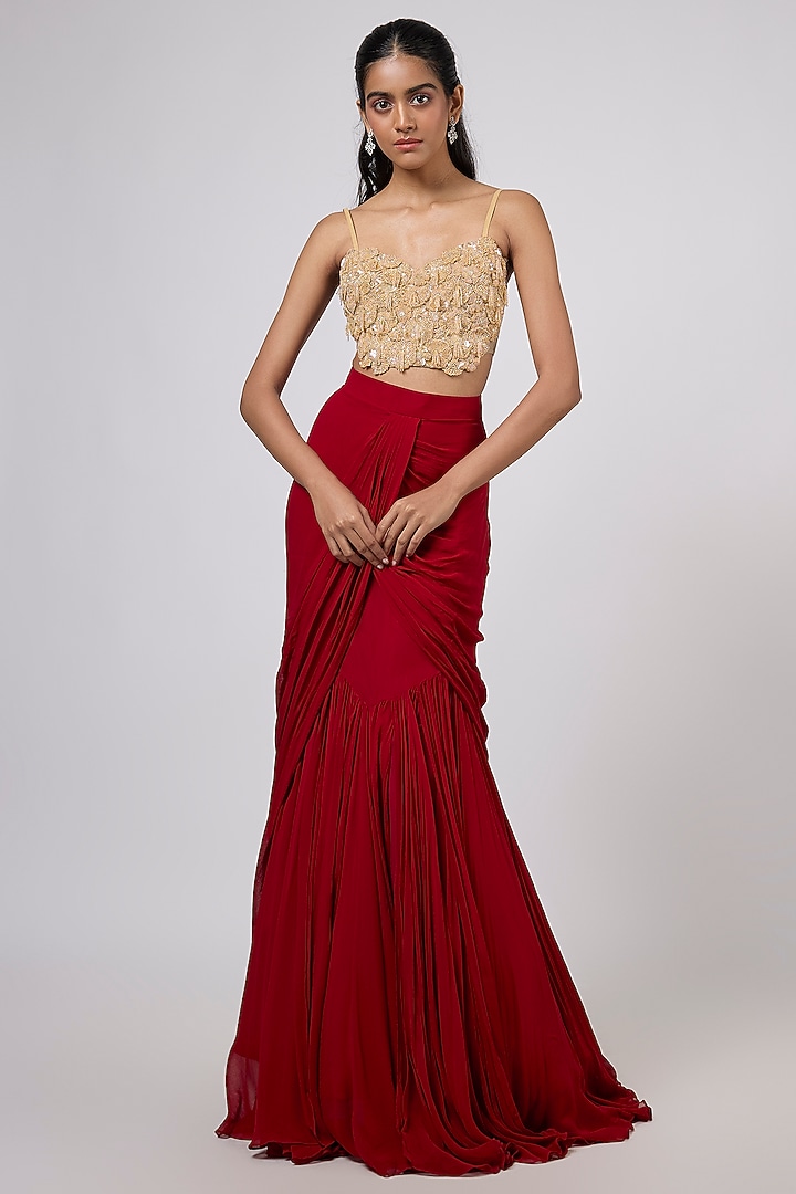 Red Viscose Georgette Hand Embroidered Draped Skirt Set by Dinesh Malkani at Pernia's Pop Up Shop