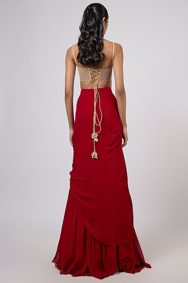 Red Viscose Georgette Hand Embroidered Draped Skirt Set by Dinesh Malkani at Pernia's Pop Up Shop