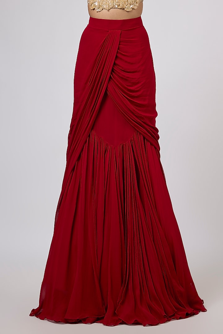 Red Viscose Georgette Hand Embroidered Draped Skirt Set by Dinesh Malkani at Pernia's Pop Up Shop