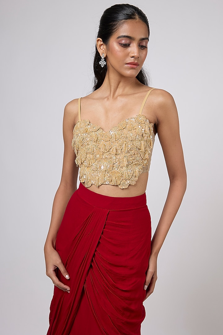 Red Viscose Georgette Hand Embroidered Draped Skirt Set by Dinesh Malkani at Pernia's Pop Up Shop