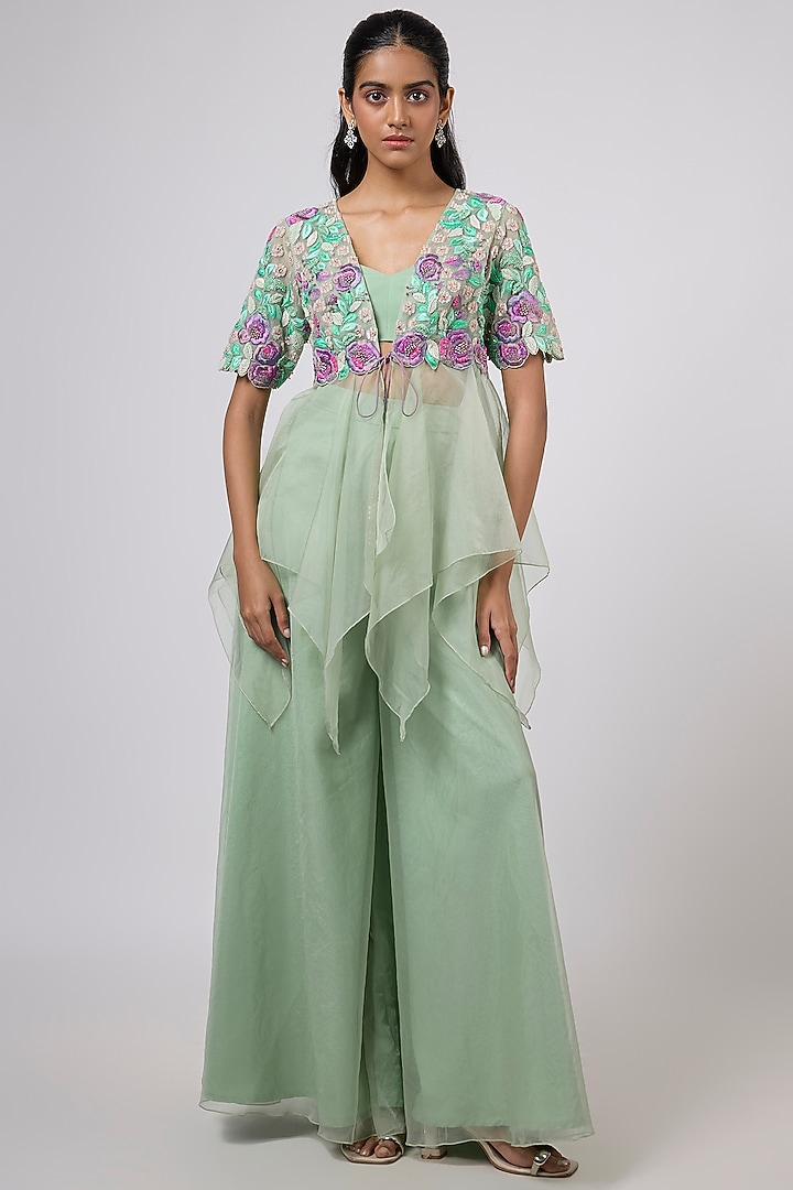 Blue Viscose Organza Floral Hand Embroidered Sharara Set by Dinesh Malkani at Pernia's Pop Up Shop