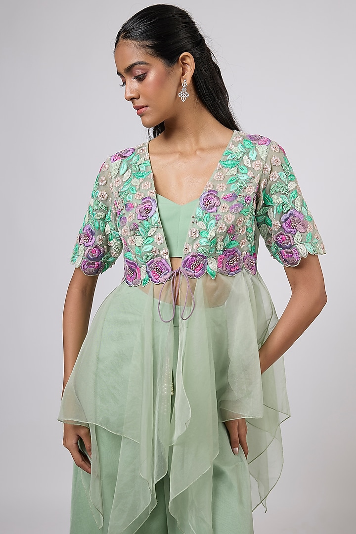 Blue Viscose Organza Floral Hand Embroidered Sharara Set by Dinesh Malkani at Pernia's Pop Up Shop