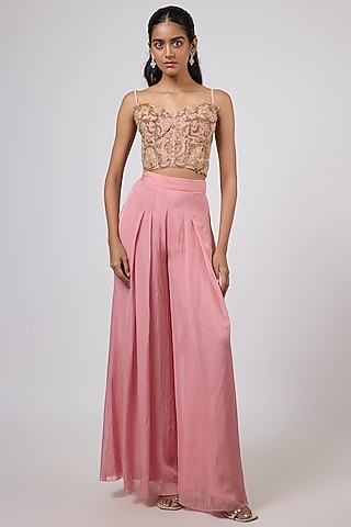 Pink Viscose Georgette Hand Embroidered Sharara Set by Dinesh Malkani