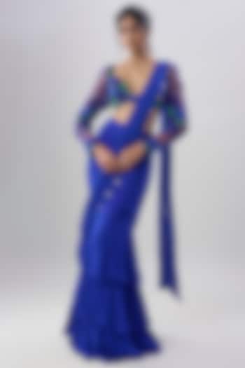 Blue Viscose Georgette Hand Embroidered Pre-Draped Skirt Wedding Saree Set by Dinesh Malkani at Pernia's Pop Up Shop