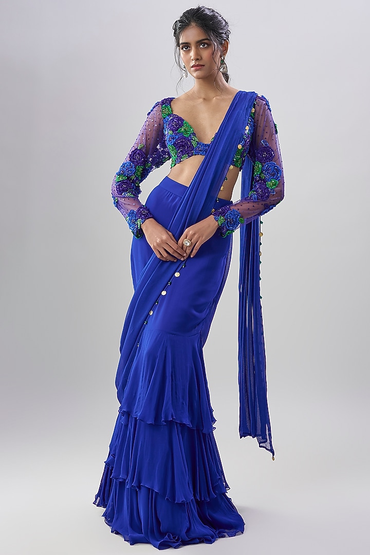 Blue Viscose Georgette Hand Embroidered Pre-Draped Skirt Wedding Saree Set by Dinesh Malkani at Pernia's Pop Up Shop
