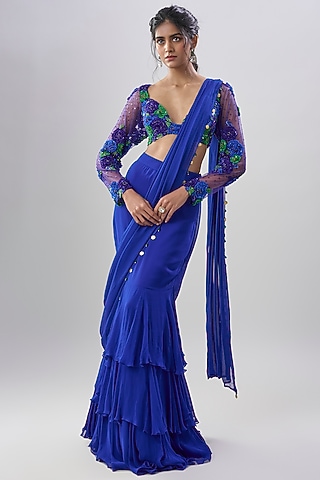 Blue Viscose Georgette Hand Embroidered Pre-Draped Skirt Saree Set by Dinesh Malkani